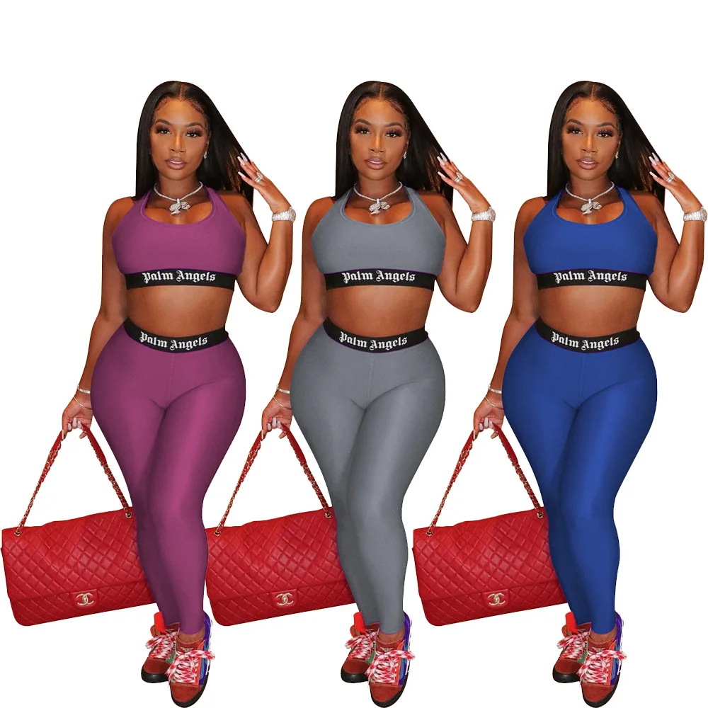 

2021 Summer New Women Sport Stretchwear 2 Piece Trousers Pants Sets Women Letter Print Yoga Leggings Set, Picture