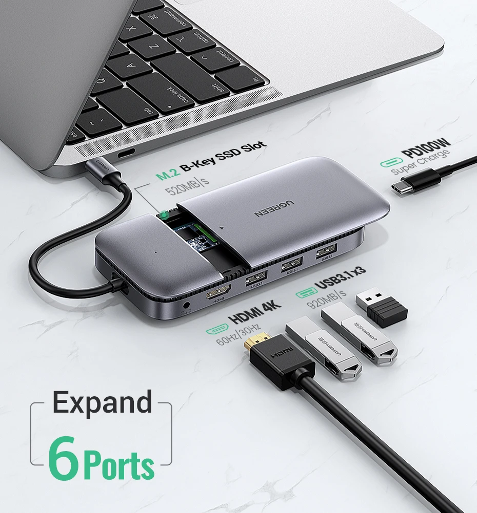 

Ugreen USB C HUB Type C 3.1 to M.2 B-Key HDTV 4K 60Hz 10Gbps M.2 SSD Case USB C HUB Splitter for MacBook Pro Air iPad