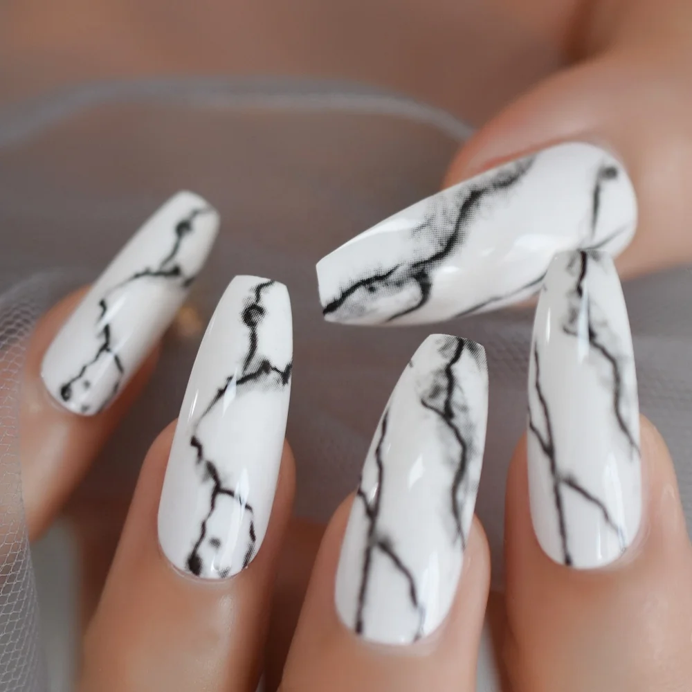 

White Marble Designed Fake Nail Long Smooth Pre-designed Salon Artificial Coffin Nail With Doubled Tape Nail Tips L5286