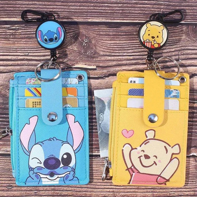 

New cartoon stitch Mickey Minnie retractable bus card holder multi card holder with zero wallet multi-layer soft leather campus