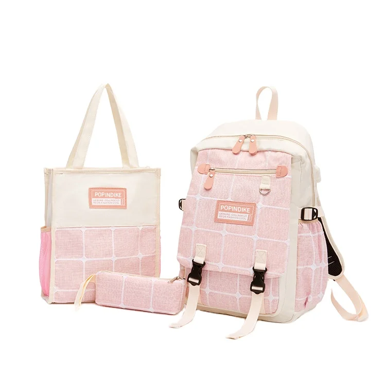 

3pcs set tote bag USB College School gym Canvas Leisure Laptop Rucksack Backpack For Teenage Girl, Various colours