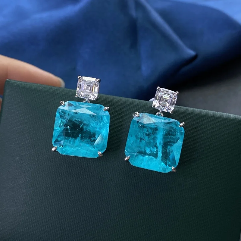 

Solid 925 Sterling Silver Emerald Cut Luxury Paraiba Tourmaline Gemstone Sparkling High Carbon Diamond Fine Jewelry Drop Earring, Customized color plated