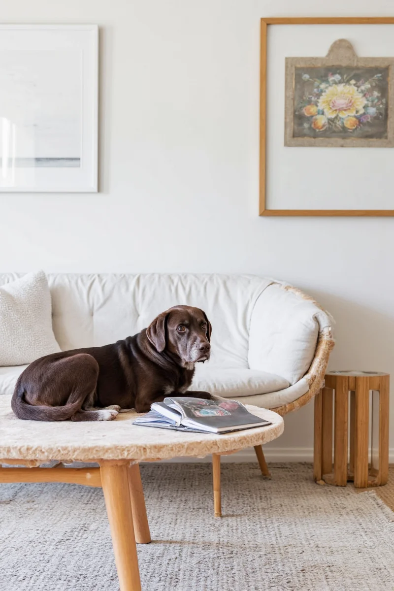 White couch with protective seat cover featuring cute paw print pattern
