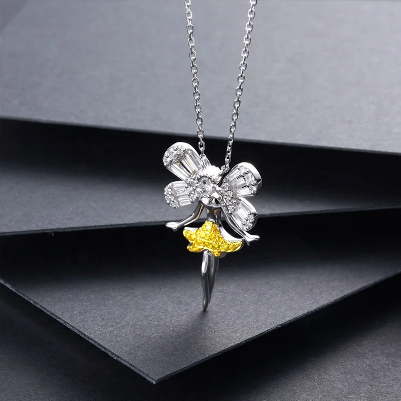 

Cute Little Fairy Women Necklaces Party Jewelry High Quality Zircon Yellow Ballet Girl Necklace Gifts, Picture shows