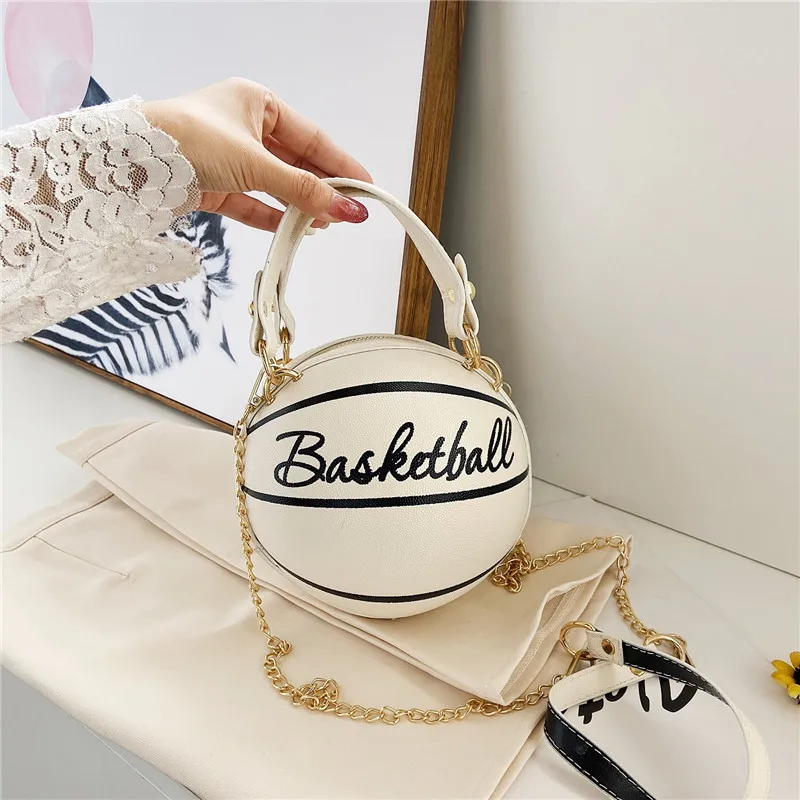 

2021 Hot Women Fashion Round Lady Cross body Shoulder Bag Chic Chain Handbag Trendy Basketball Shape Purse Bag, White,pink,black,brown