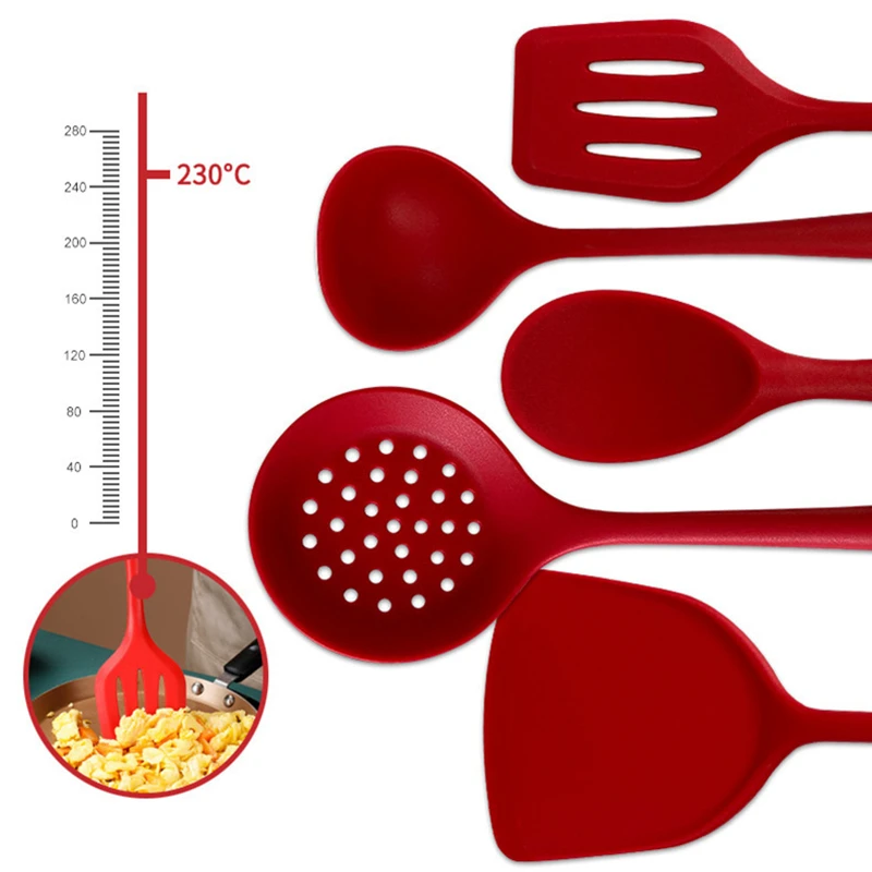 

E149 Heat Resistant Non-stick Cookware Spatula Set Tools Silicone Gel Cooking Utensil Kitchen 7 Pcs Silicone Cooking Utensil Set, Red, black