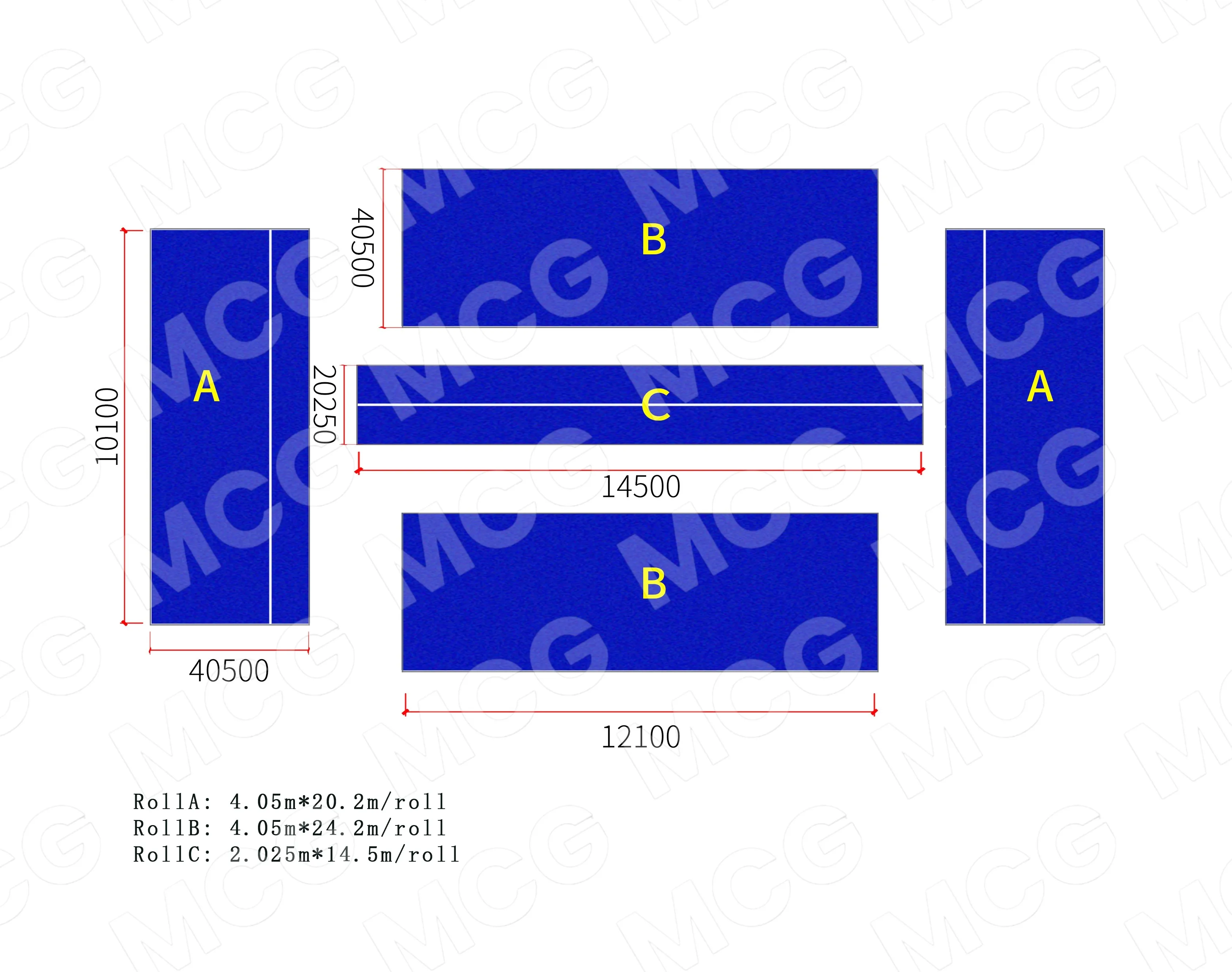 Padel court turf roll plan showing roll A, roll B and roll C laid out with dimensions in millimetres