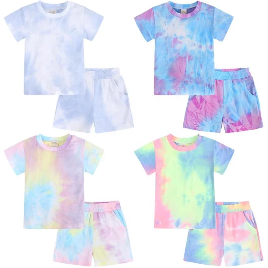 

comfortable kids cotton shirts and shorts baby girls' and boy's tie-dyed clothing sets children summer home clothes suits, As picture