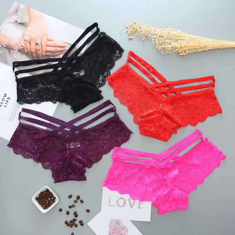 

Women Sexy Underwear Lace Hollow Out Briefs Solid Color Flower Jacquard Underpants Cross Bandage Lingerie, White,red,purple,black,blue,skin,rose