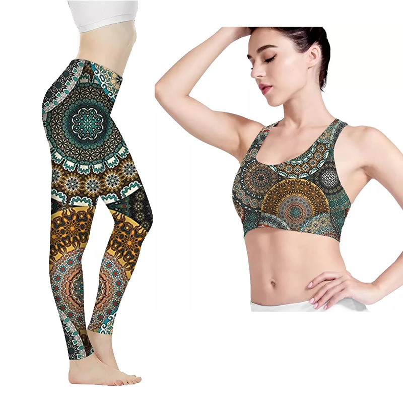 

2 Piece Fitness & Yoga Wear Gym leggings for women African Kente Ankara Printed sexy yoga pants and Sport Bra Yoga Set Summer