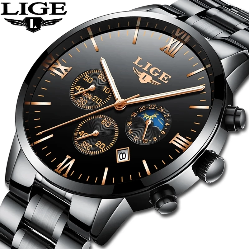 

Lige 9831 New Watches Men Luxury Brand Sports Watches Waterproof Full Steel Quartz Men's Watch Male Clock Relogio Masculino, 6 colors