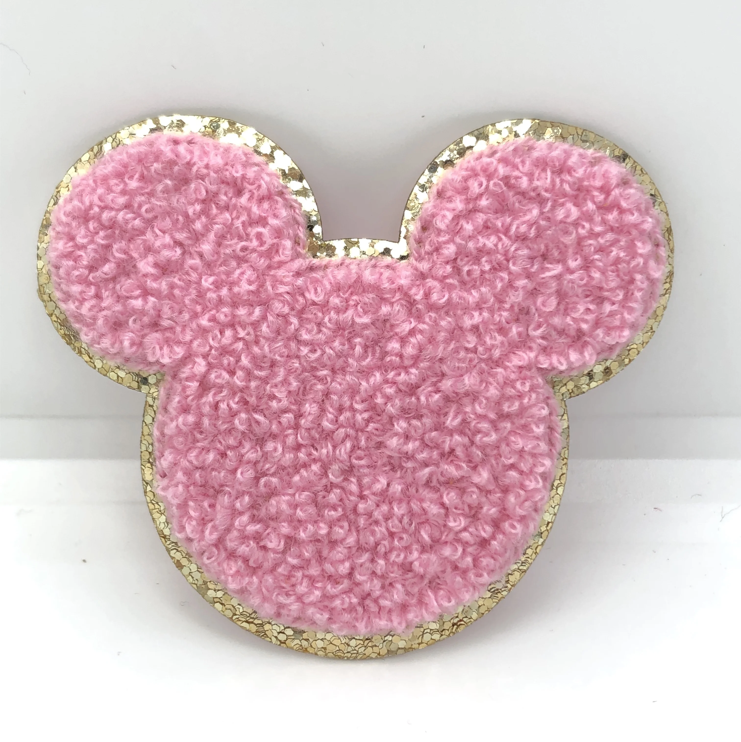 

Hot Wholesale Custom Glitter Chenille Mickey Mouse Iron On patch, Pink, white, black