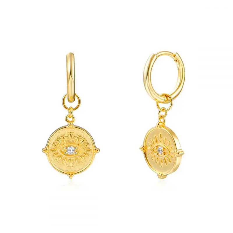 

New Trend 925 Sterling Silver 18K Gold Plated Zircon Setting Evil Eye Coin Pendant Charm Drop Hoop Earrings