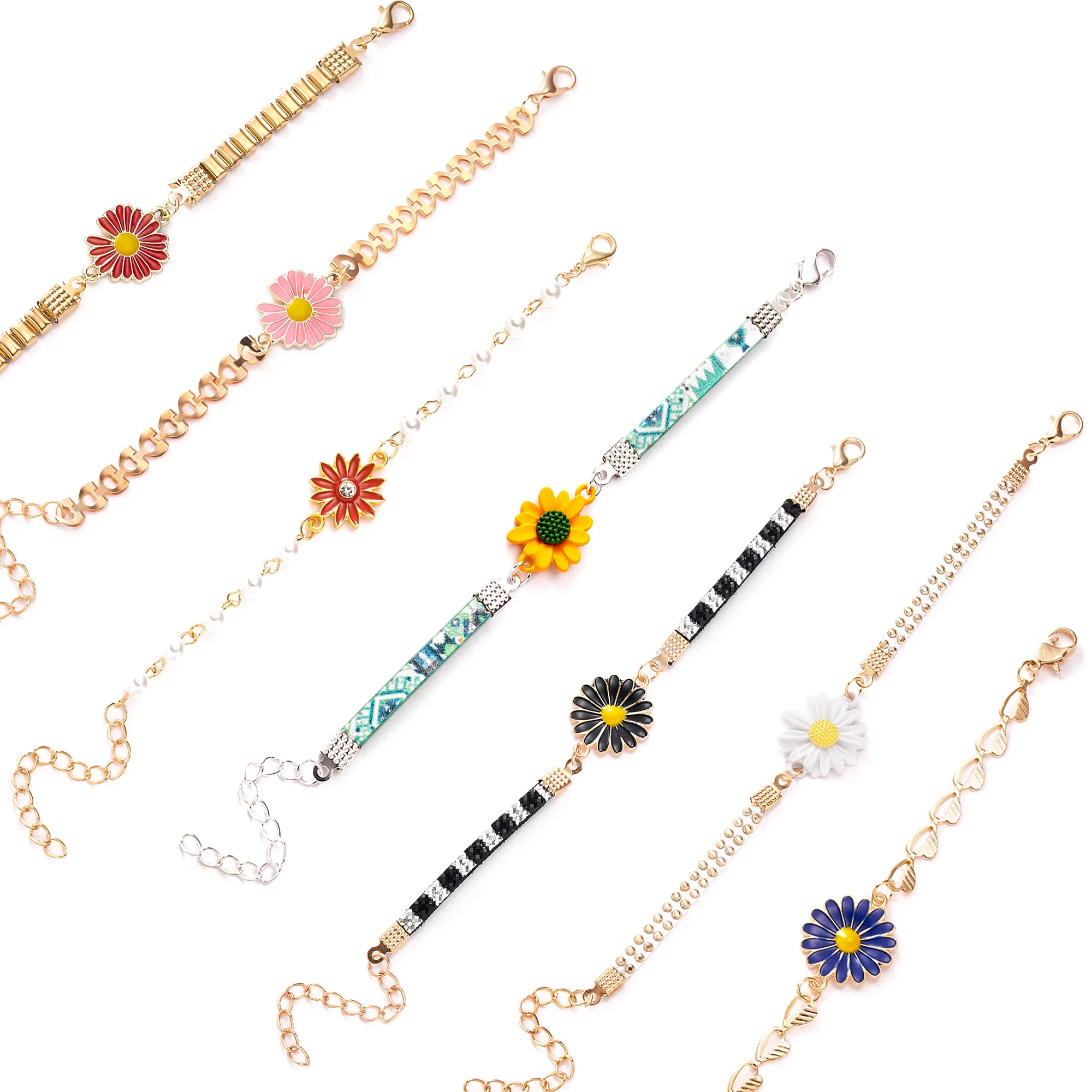 

Women Leather Daisy Bracelet Gold Plated Adjustable Pearl Chain Bangle Enamal Flower Bracelet, As picture