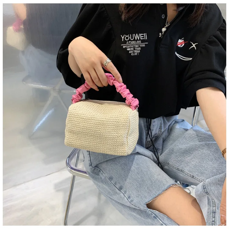 

Summer Woven Purses Beach Straw Bags Leather Straps Ruched Handle Small Square Handbag Mini Tote Bag for Women