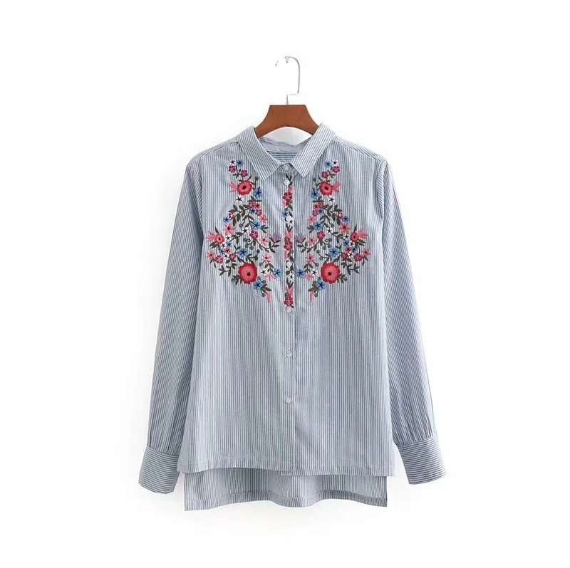 

Women floral dragonfly embroidery full cotton striped blouse long sleeve long shirt European ladies casual tops blusas E8437