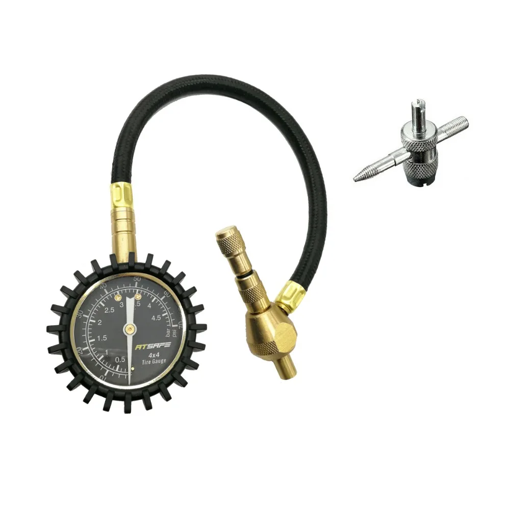 

Dial tire air pressure gauge with a rubber hose and heavy duty brass chuck with rapid deflate function, Red black,or as request