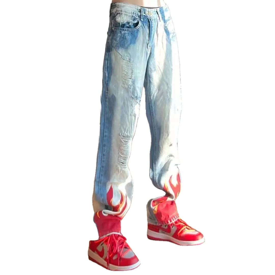 

Men's new hip-hop hip-hop design ripped jeans red flame trousers design custom wholesale