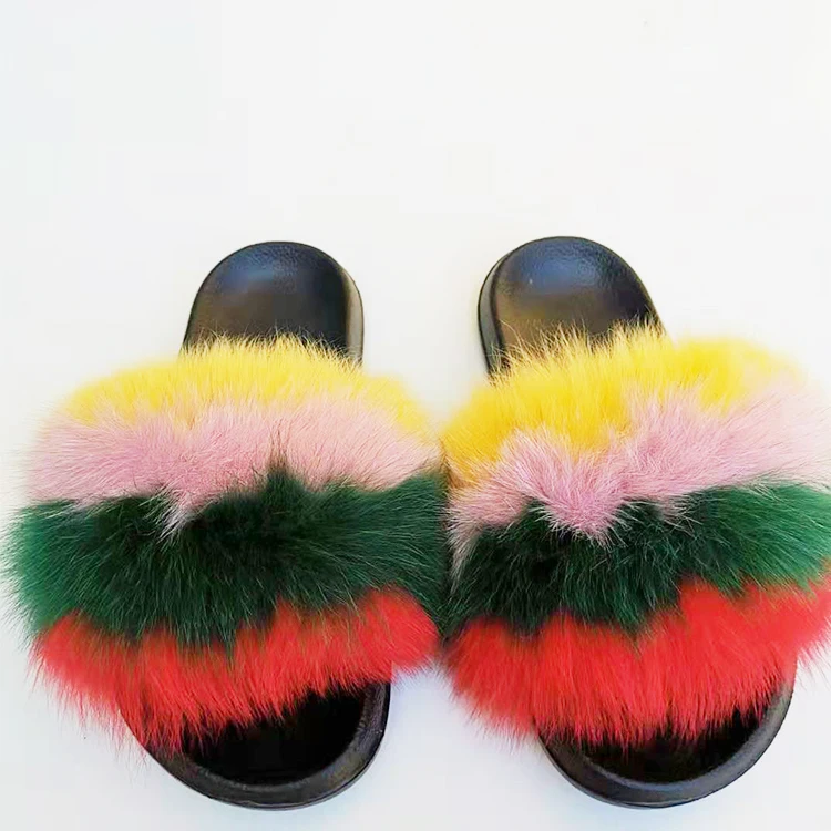 

Factory Direct Wholesale fox fur slides black fur slides Fur Slippers