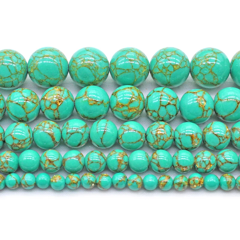 

Wholesale green gemstone beads green turquoise with gold color decorative pattern stone beads for jewelry making (AB1750)