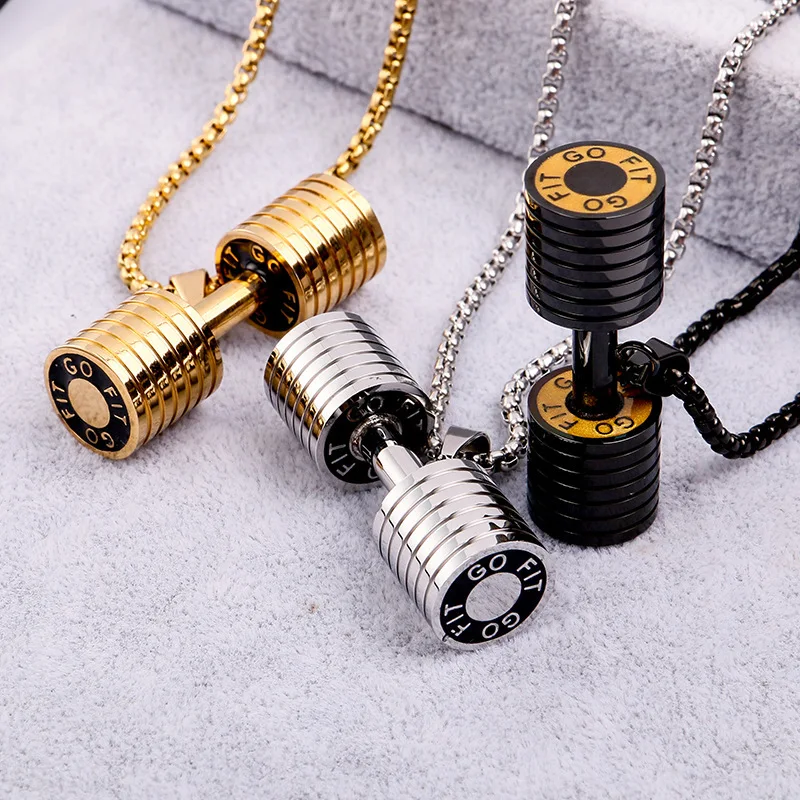 

Trendy Jewelry Casual Sporty Gym Fitness Necklaces for Men 18K Gold Plated Stainless Steel Barbell Pendant Necklaces