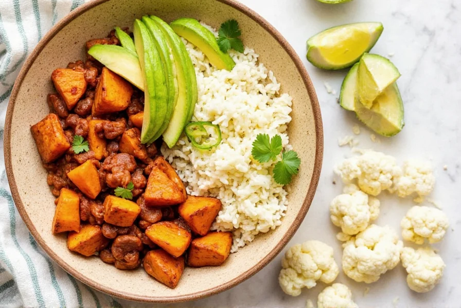 Gesunde glutenfreie Mahlzeit mit Blumenkohlreis