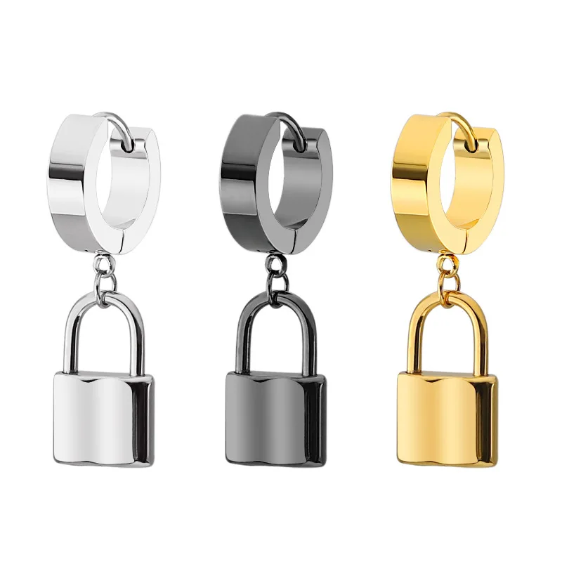 

ES1048 High Quality Unisex Gold Plated 316L Surgical Stainless Steel Lock Charm Hoop Huggie Earrings for Women Men