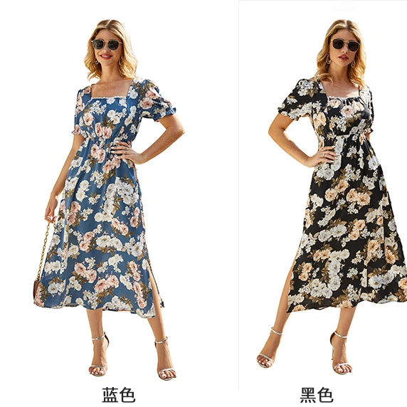 

Straight Wholesale Custom New Women Lady Girls Summer Short Sleeve Printing Dresses O-Neck Long Casual Beach Holiday Dress