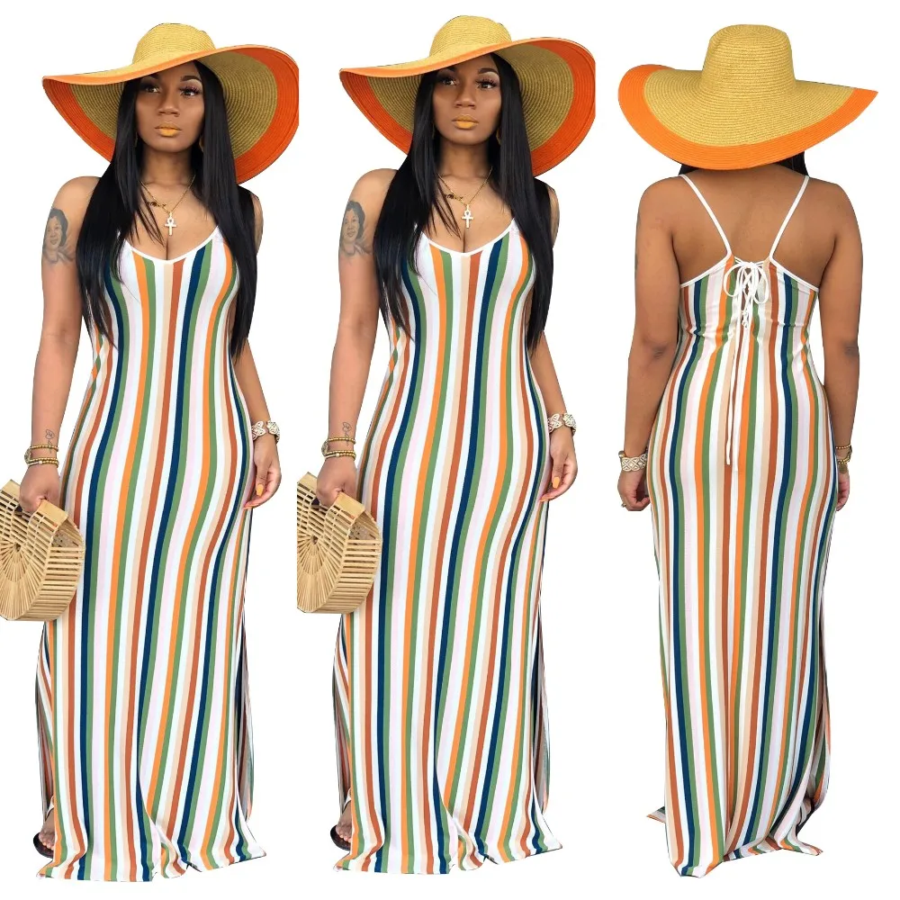 

2021 Summer Ladies Multicolor Striped Cotton Loose Casual Dress Lace Up Maxi Woman Dresses Vestidos Mujer Verano