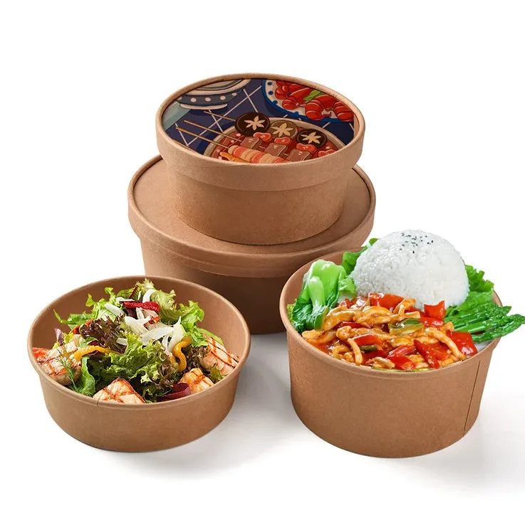 

Eco Material Multipurpose Disposable Printed PLA Paper Kraft Paper Salad Bowl with Lid