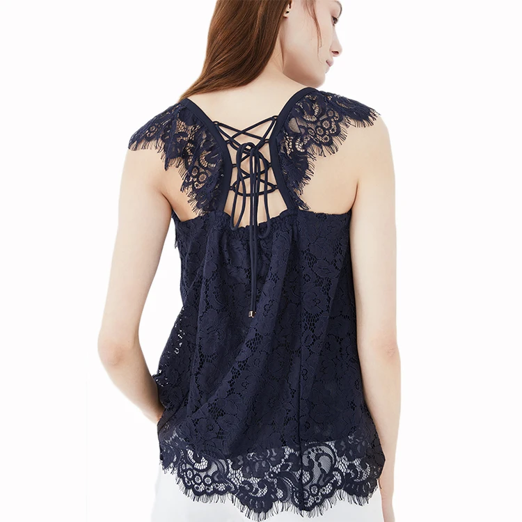 

Fashion Design Small Flying Sleeves Lace Black Casual Shirts For Women Blouses