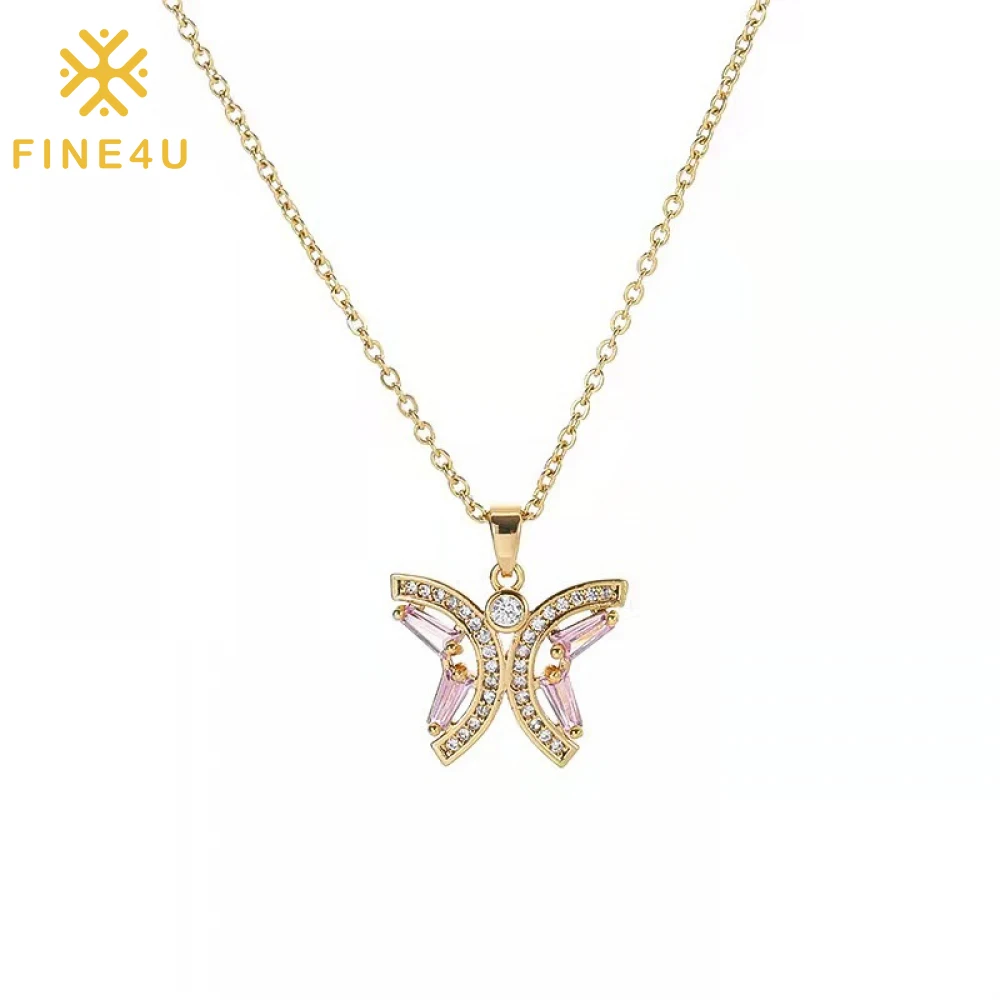 

No Tarnish Jewelry Pink Luxury Women Gold Plated Stainless Steel Diamond Butterfly Necklace