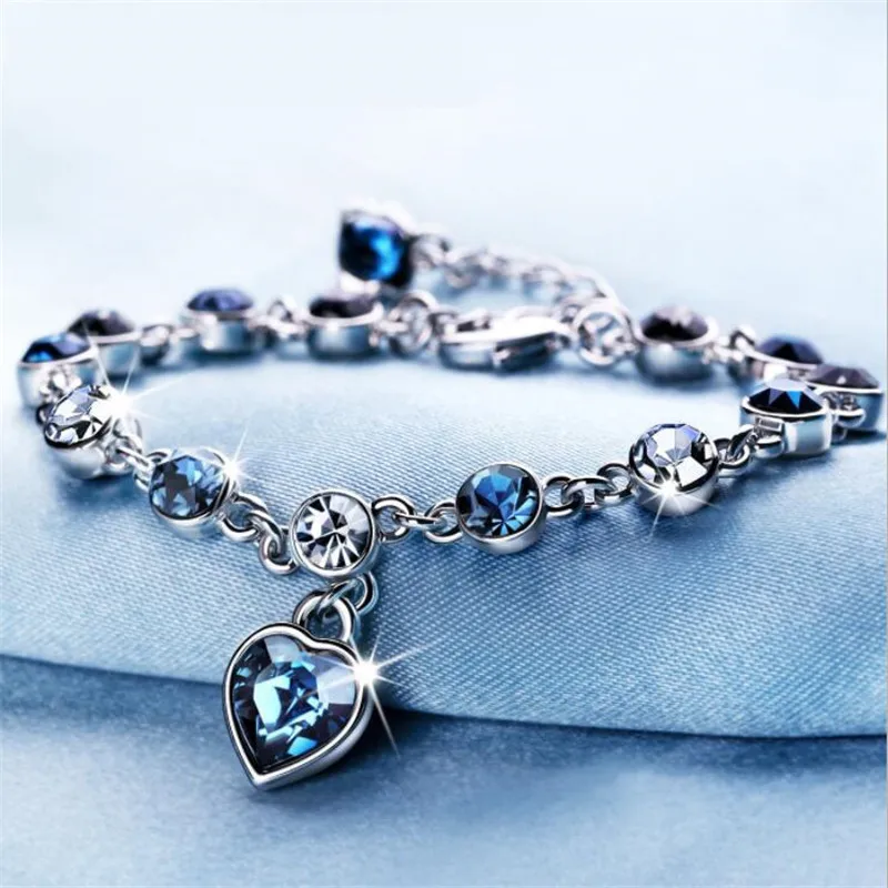 

Fashion Heart of The Sea Bracelet Natural Blue Crystal Charm Bracelet for Women Romantic Valentine's Day Gift