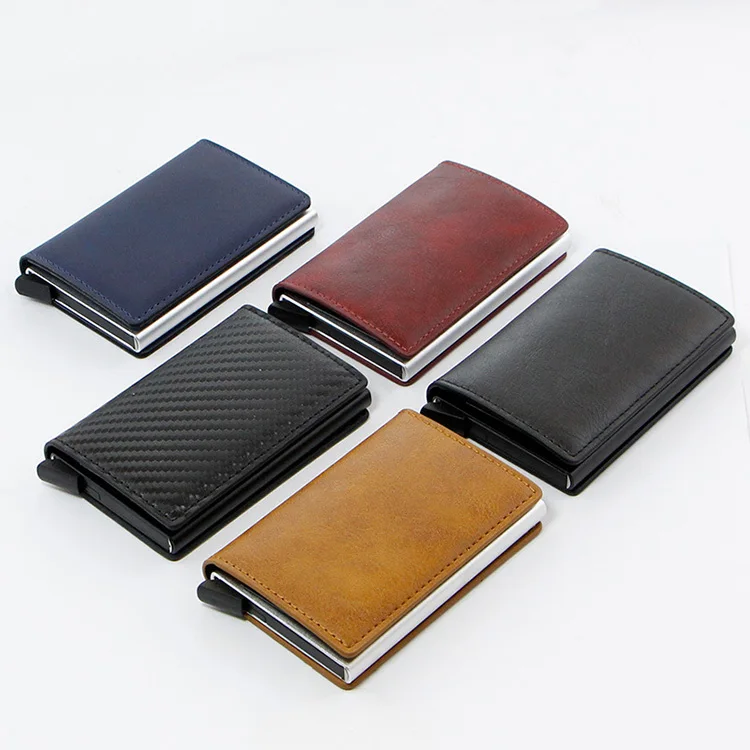 

RFID Blocking Function PU Leather Automatic Pop Up Credit Card Holder Wallet With Metal Card Box, Customized color
