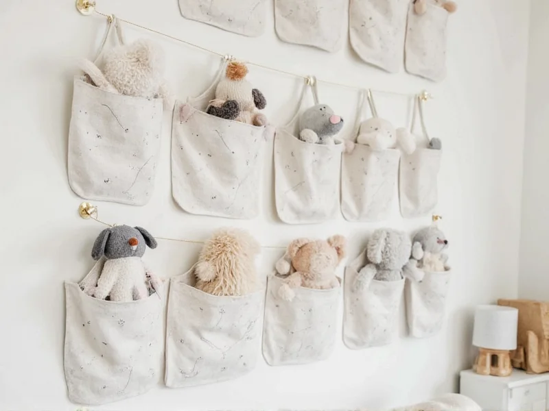 DIY fabric pockets holding stuffed animals on bedroom wall