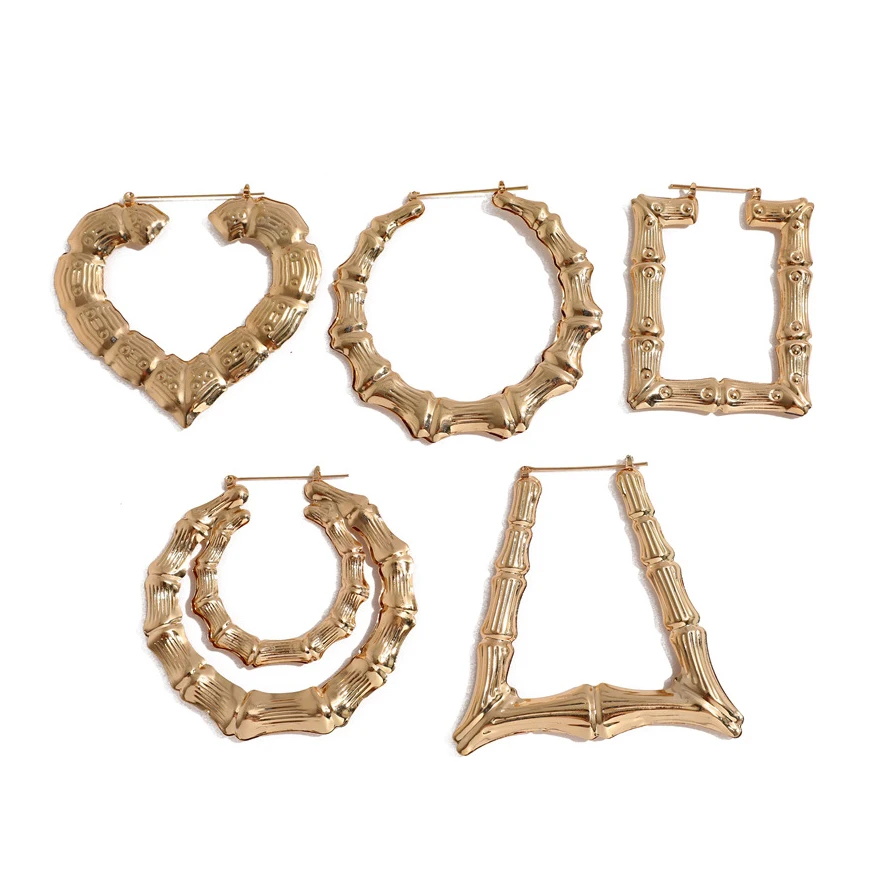 

Hip-Hop Jewelry Gifts Geometric Various Shaped Bamboo Hoop Earrings Custom Big Large Size Gold Plated Bamboo Earrings
