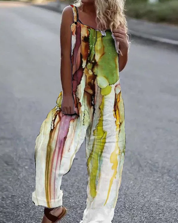 

Custom Fashion Summer Workout Print Wide Leg One Piece Polyester Elegant Women Cami Jumpsuit 2022