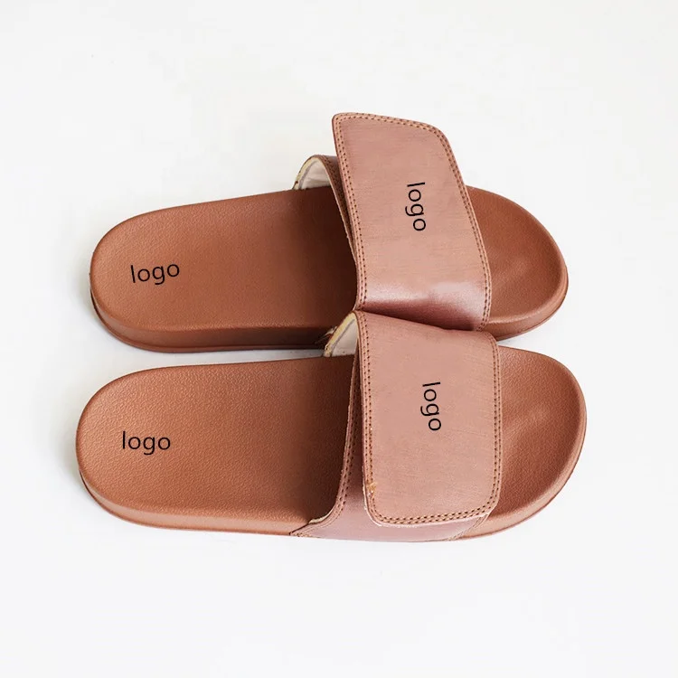 

Custom Printing Logo Pattern Blank Plain Women's PU Adjustable Sandals Slides Slippers With Logo Custom Flip Flops Unisex Slide