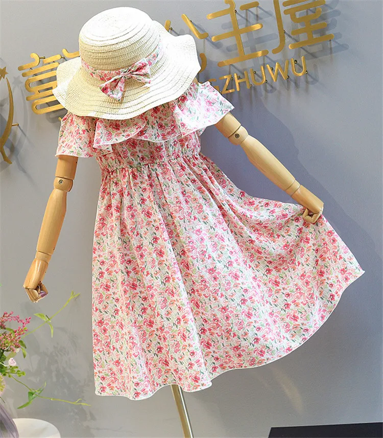 

Wholesale Baby Summer Clothes Off Shoulder Floral Ruffle Dress for Spring Summer Kids Dresses Girls Beach Dress for 3-8Yrs, Pink/yellow