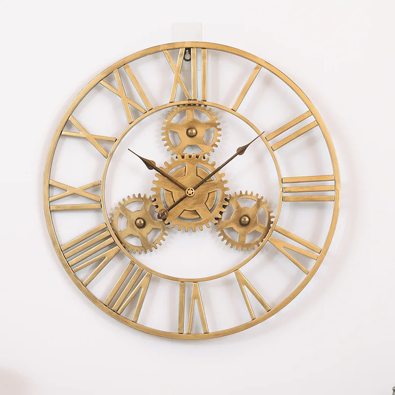 

Antique style industrial luxury wall clock gold round metal gear clock