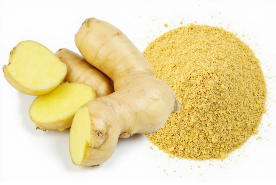 Fresh ginger roots next to ground ginger powder showing conversion ratio