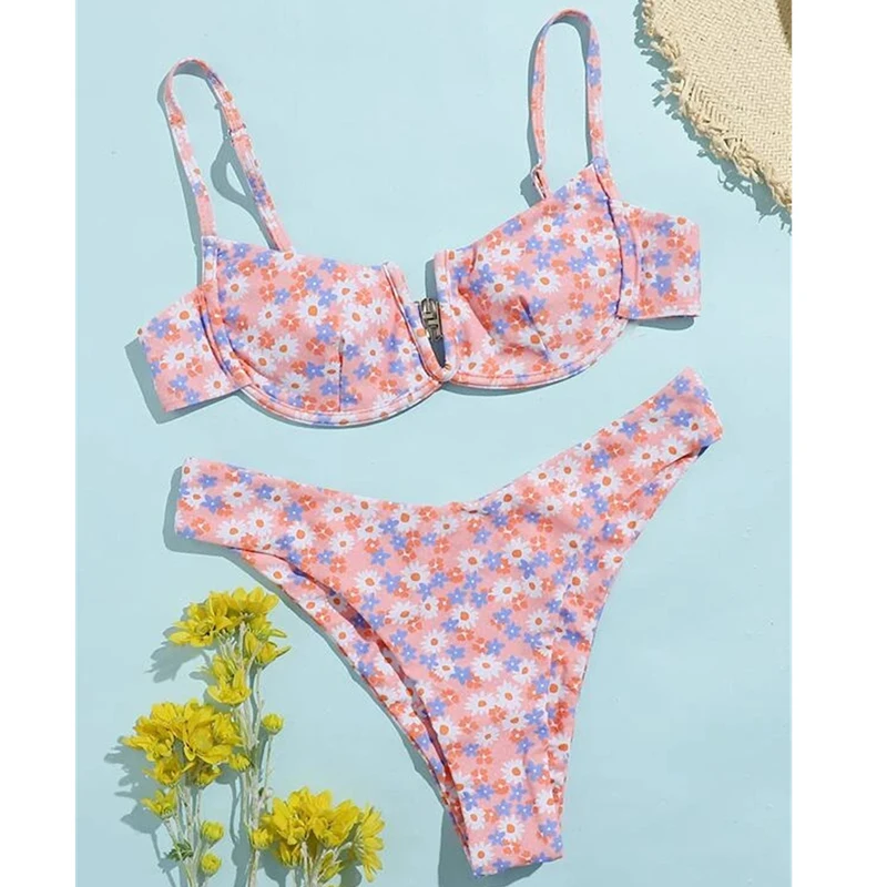 

custom logo label tag Amazon 2021 flower Swimsuit Deep V underwire bikini set, Printing