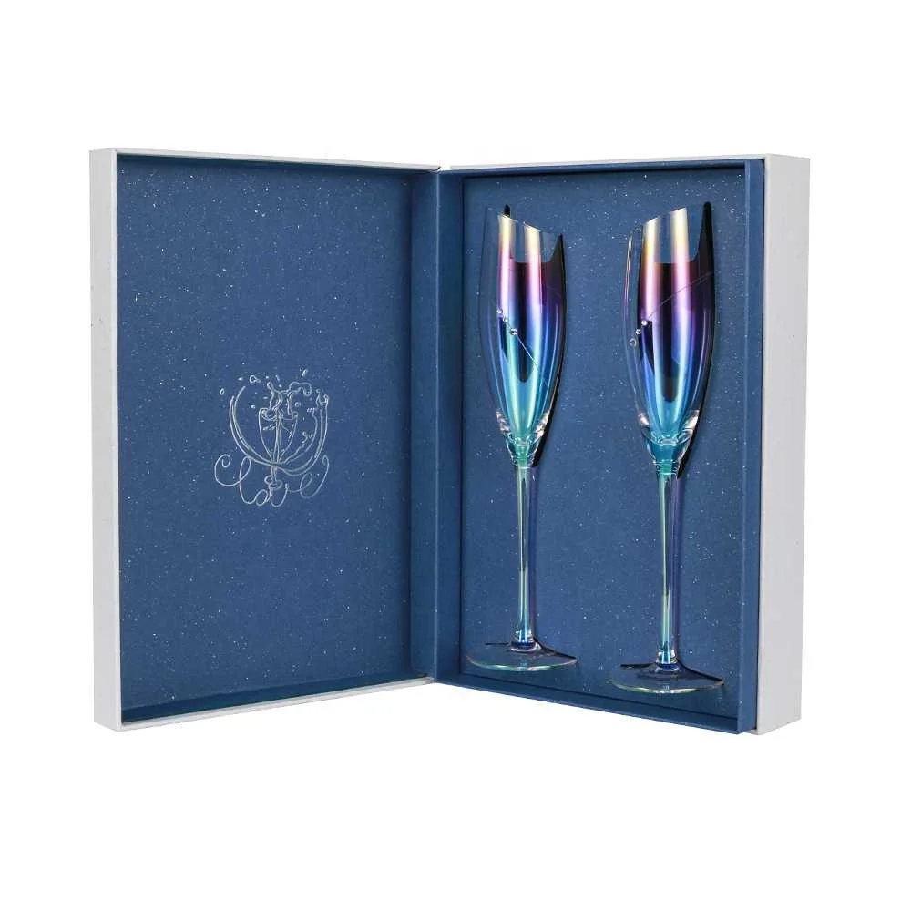 

Luxury Handmade 2Pcs Gift Box Clear Rainbow Cristal Champagne Flutes Glass Goblet For Wedding Party Banquet, Customer request