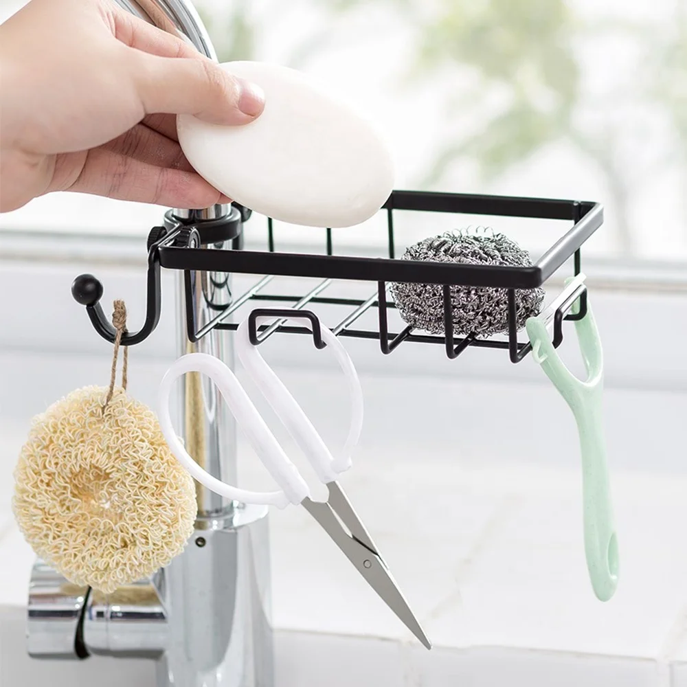 

JX- Faucet Sponge Holder Kitchen Sink or Shower Caddy Basket with Hook Cleaning Brush Soap Dishwashing Liquid Drain Rack - black