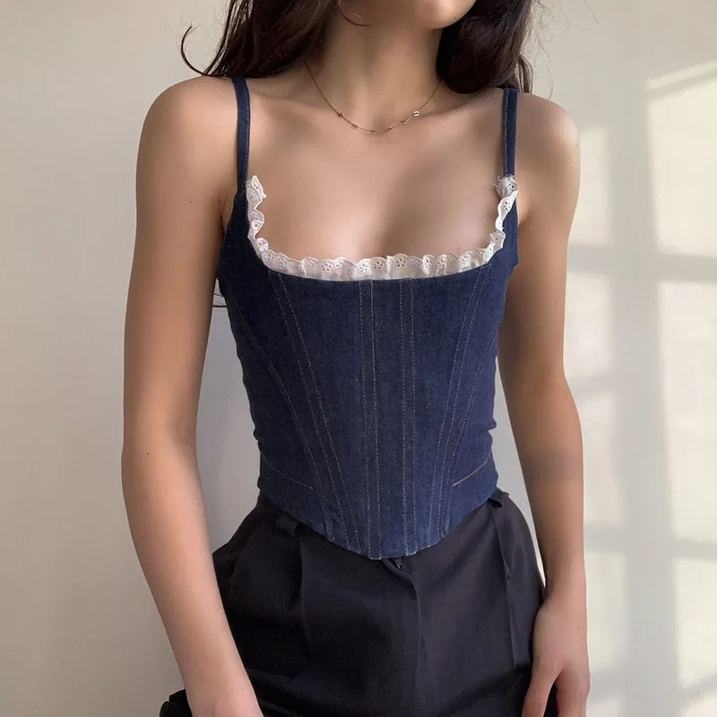 

Xiu Yu new camisole undershirt female tops summer fishbone corset fashionable and sexy outer wear denim camisole, Customized color