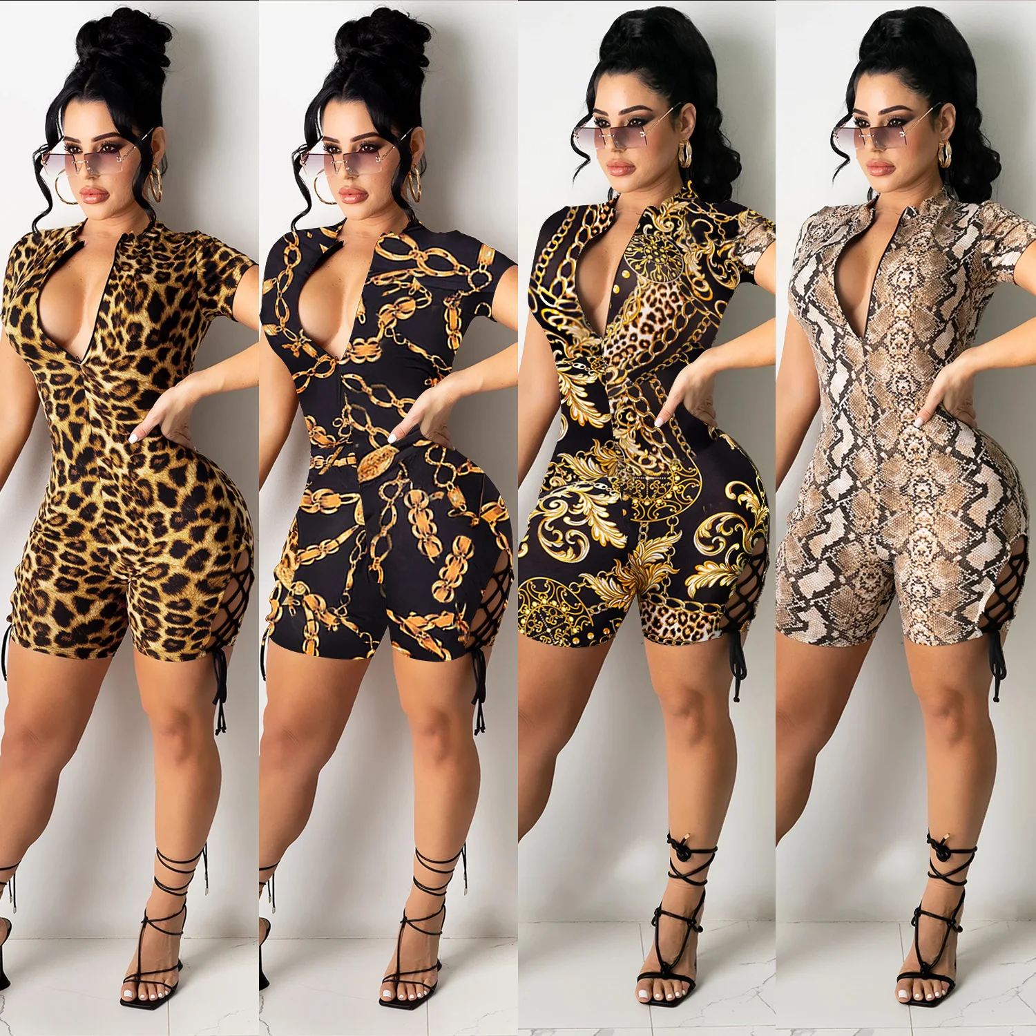 

2021 R07048 - Fashion Bodycon Bandage Zippers Short Sleeve Leopard Jumpsuits Women