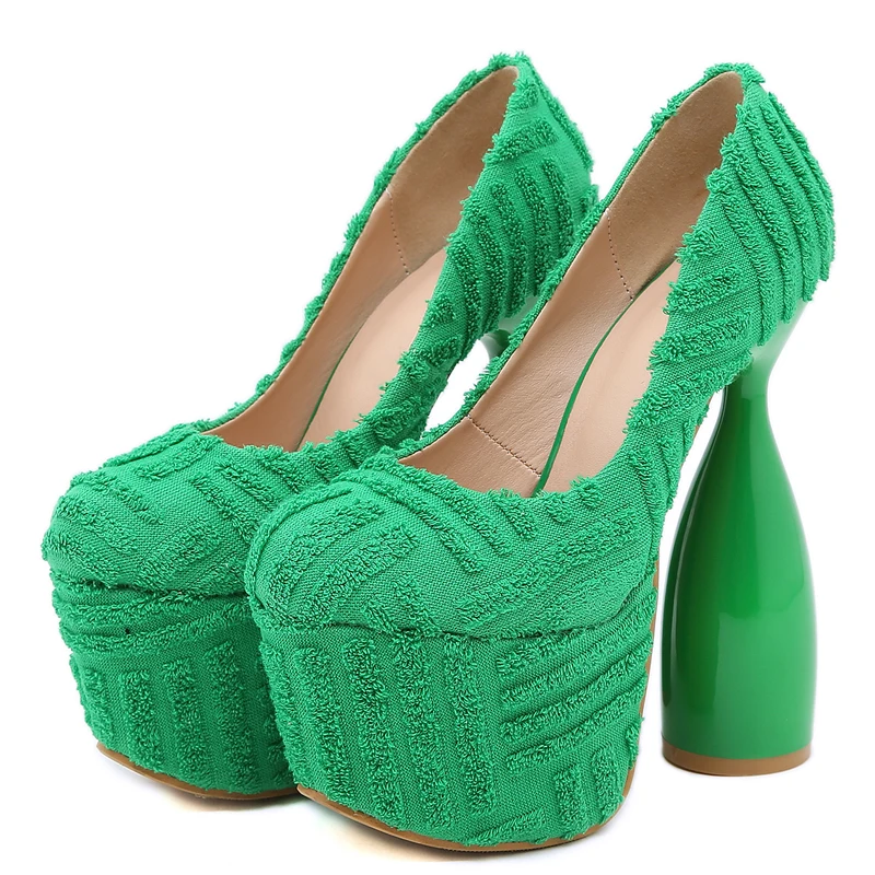 

Spring Autumn Sexy Platform Corduroy Strange Heels Sandals NightClub Party Women Green Shoes Ladies chunky heel Pumps Footwear