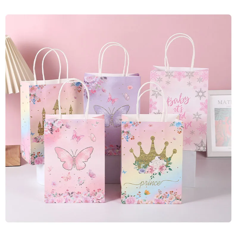 

Lovely Pink Cute Paper Bags Purple Butterfly Pattern Wedding Birthday Party Small Gift Kraft Paper Bags With Handles