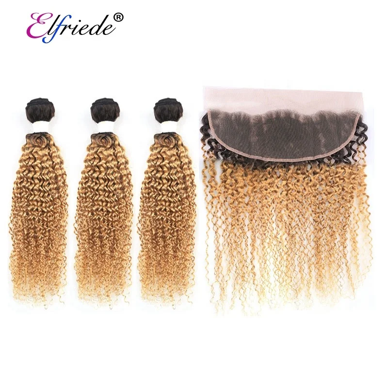 

#T 1B/27 Kinky Curly Hair Bundles with Frontal Brazilian Remy Human Hair Weaves with 13"x4" Lace Frontal JCXT-278