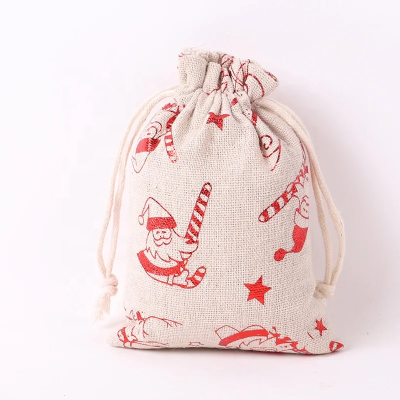 

DAMAI Merry Christmas Drawstring Bags Flax Red Bronzing Cotton Linen Bag Gift Cloth Christmas Tree Elk Snowflake Bag